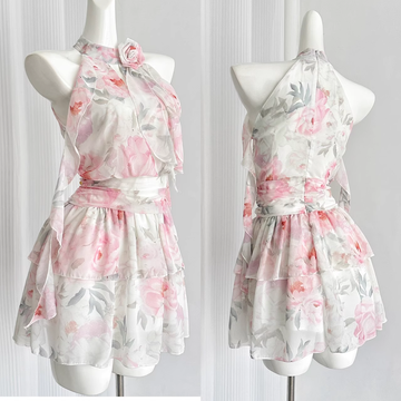 A line Halter Rose Flower Sleeveless Floral Pink Dress Short Holiday Dresses SD279